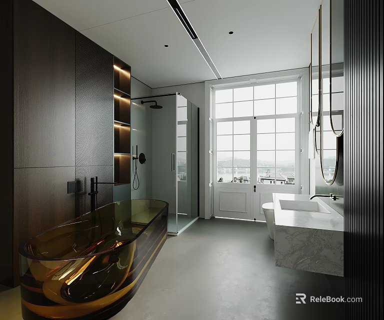 Bathroom Interior Design With Dark Wood Walls Golden Bathtub Glass Shower Enclosure And Marble Vanity 3d model 