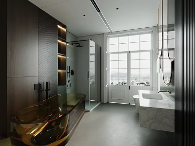 Bathroom Interior Design With Dark Wood Walls Golden Bathtub Glass Shower Enclosure And Marble Vanity 3d model