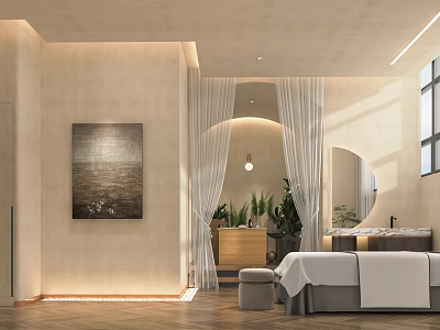 SPA Sauna Interior Design With Massage Bed Arched White Curtains Plants Wooden Elements Warm Lighting 3d model