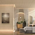 SPA Sauna Interior Design With Massage Bed Arched White Curtains Plants Wooden Elements Warm Lighting