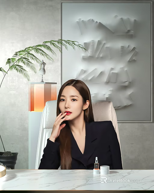 Woman In Black Suit With Long Hair Sitting By Elegant Chair And Green Plant Background 3d model 