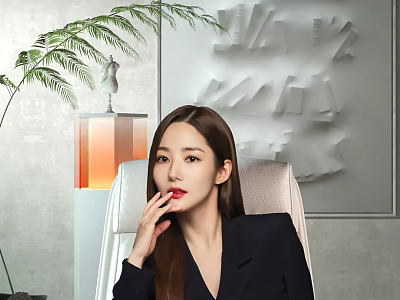 Woman In Black Suit With Long Hair Sitting By Elegant Chair And Green Plant Background 3d model