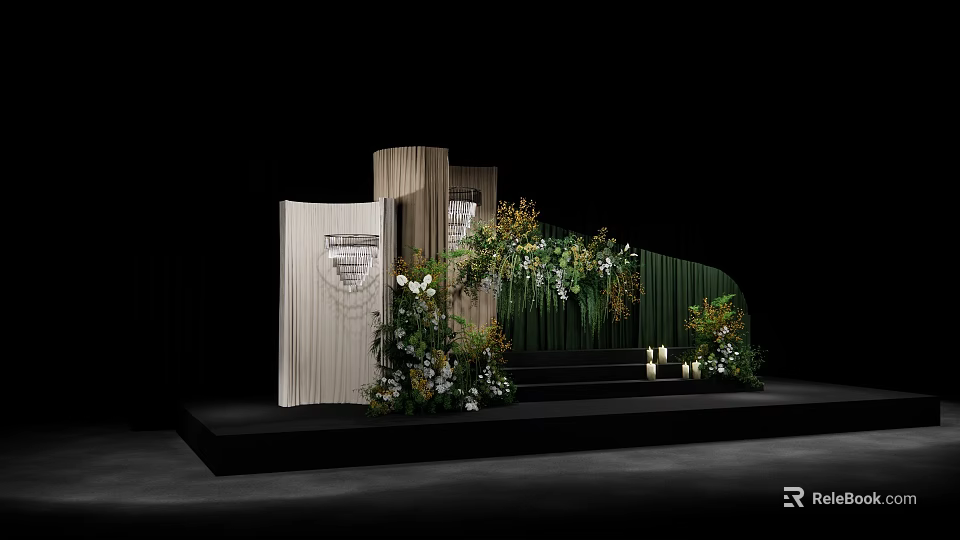 Floral Installation With Green Backdrop White Flowers Wooden Panels And Stage Candle Decor 3d model 