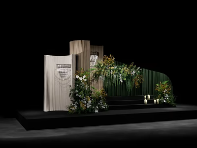 Floral Installation With Green Backdrop White Flowers Wooden Panels And Stage Candle Decor 3d model