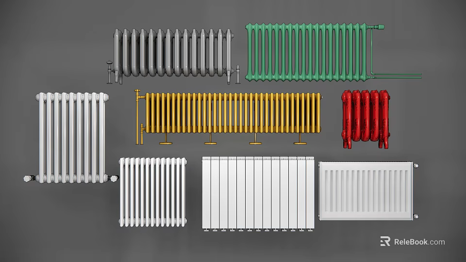 Various Radiator Styles With Color Options Like White Grey Green Yellow And Red 3d model 