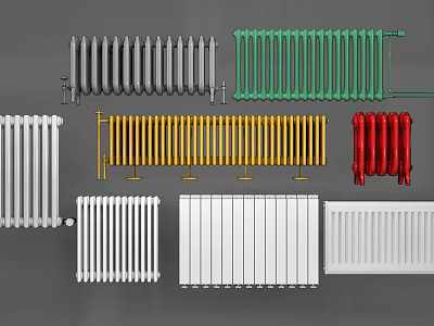 Various Radiator Styles With Color Options Like White Grey Green Yellow And Red 3d model