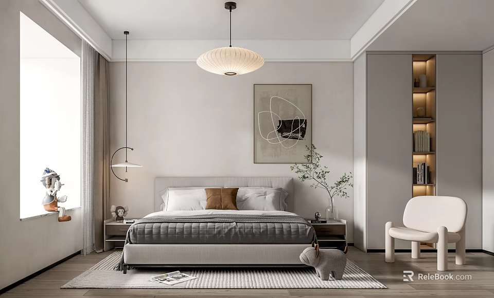 Modern Bedroom Interior With Gray Bedding Pillows Nightstands Pendant Light And Wall Art 3d model 