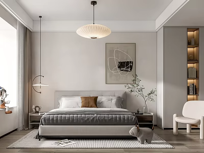 Modern Bedroom Interior With Gray Bedding Pillows Nightstands Pendant Light And Wall Art 3d model