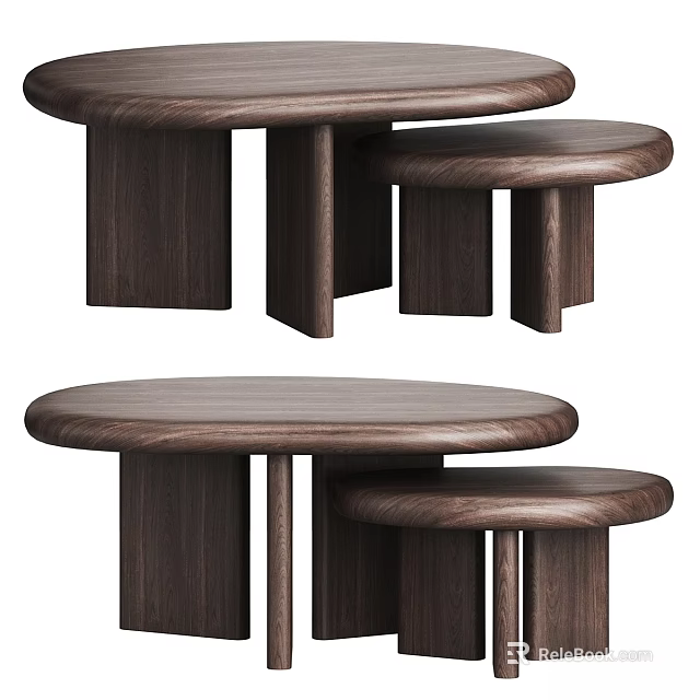 Modern Walnut Wood Dining Table With Round Top And Nesting Stacked Design Features 3d model