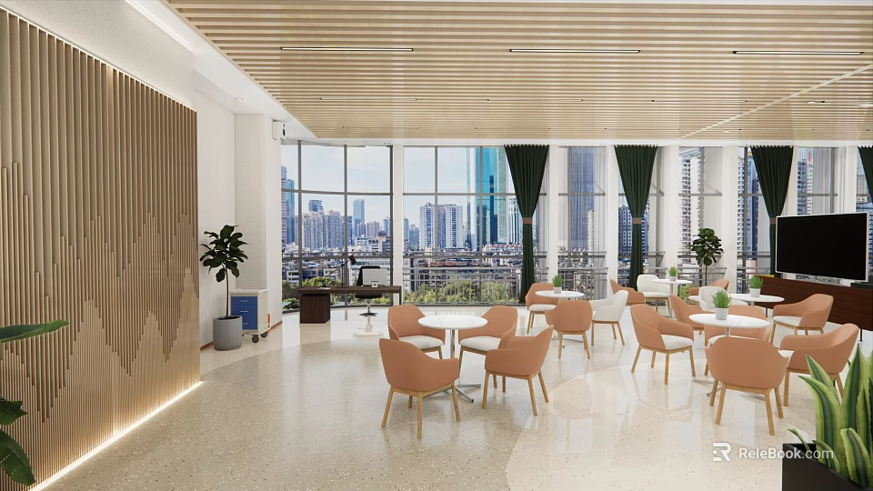 Lounge Area Interior With Large Windows Cityscape Orange Chairs White Tables And Green Plants 3d model 