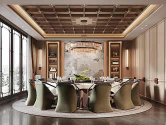 New Chinese Style Box Partition Screen Bookcase Dining Table and Chair New Chinese Style Chandelier 3d model