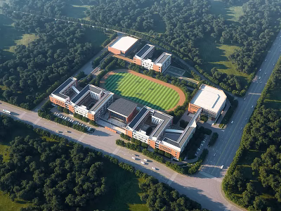 Aerial View of Modern School Buildings With Central Playground Surrounded by Trees 3d model