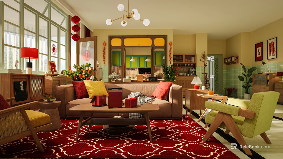 Cozy Retro Living And Dining Room With Festive Chinese New Year Decorations And Open Kitchen 3d model 