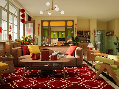 Cozy Retro Living And Dining Room With Festive Chinese New Year Decorations And Open Kitchen 3d model