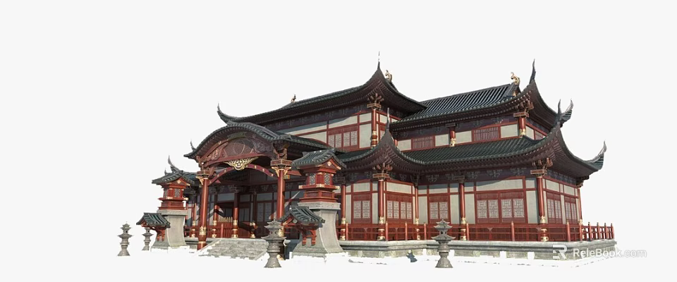 Traditional Ancient Chinese Architecture Featuring Overhanging Eaves Red Wooden Pillars And Black Tiled Roof 3d model 