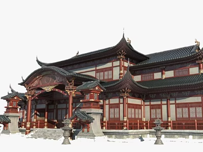 Traditional Ancient Chinese Architecture Featuring Overhanging Eaves Red Wooden Pillars And Black Tiled Roof 3d model