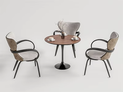 Modern Round Wooden Dining Table With Upholstered Chairs And Metal Frame 3d model