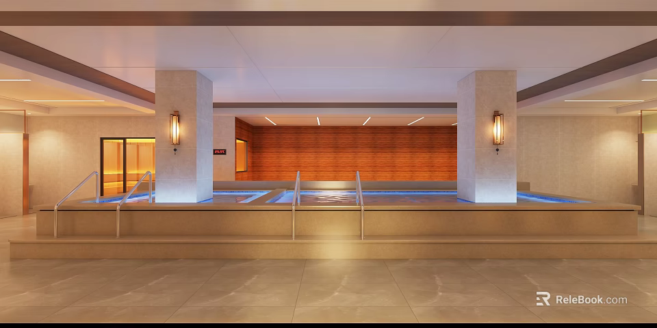 Relaxing SPA Sauna Interior With Wooden Walls Pool Columns And Ambient Lighting 3d model 