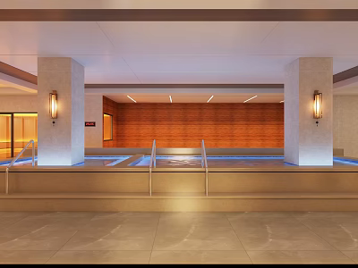 Relaxing SPA Sauna Interior With Wooden Walls Pool Columns And Ambient Lighting 3d model