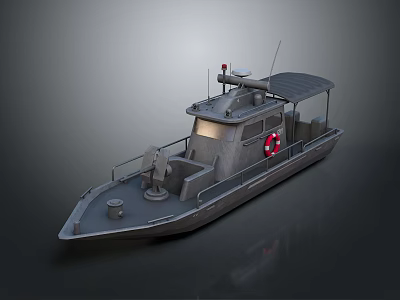Gray Metal Utility Boat With Canopy Lifebuoy Antenna And Deck Equipment 3d model