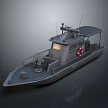 Gray Metal Utility Boat With Canopy Lifebuoy Antenna And Deck Equipment