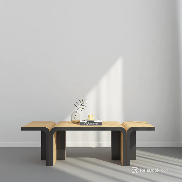 Minimalist Modern Coffee Table With Wooden Top Black Metal Legs Vase Green Leaf And Books 3d model 