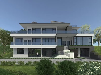 Modern Detached Villa With Large Glass Windows Balconies And Green Lawn Surroundings 3d model