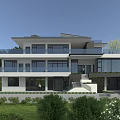 Modern Detached Villa With Large Glass Windows Balconies And Green Lawn Surroundings