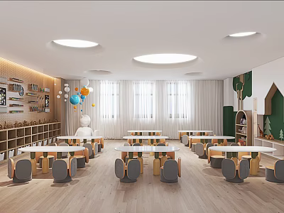 Bright School Classroom Interior With Modern Tables Chairs Bookshelves And Windows 3d model
