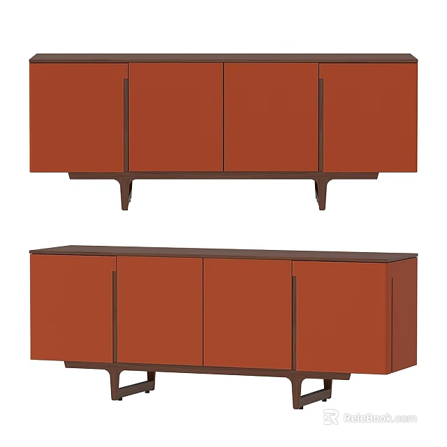 Modern TV Stand Design With Orange Cabinet Doors And Wooden Legs 3d model 