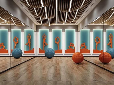 Modern Yoga Fitness Studio With Mirrored Walls Wooden Ceiling Yoga Pose Silhouettes And Exercise Balls 3d model