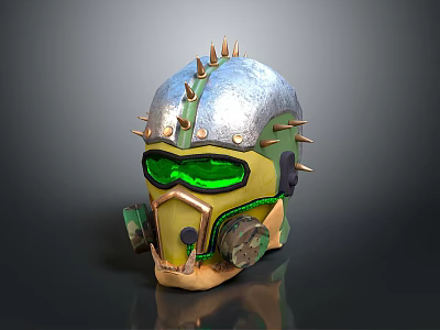 Spiked Metallic Helmet With Green Goggles Gas Mask Components And Yellow Accents 3d model