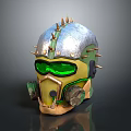 Spiked Metallic Helmet With Green Goggles Gas Mask Components And Yellow Accents