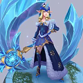 Magical Character In Blue Gold Clothing Standing With Ice Elemental Creature Blue Crystal Structure Holding Staff
