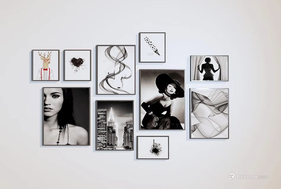 Black And White Decorative Paintings With Portrait Cityscape Abstract Deer And Silhouette On Wall 3d model 