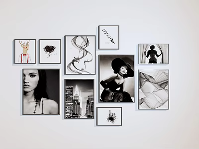 Black And White Decorative Paintings With Portrait Cityscape Abstract Deer And Silhouette On Wall 3d model