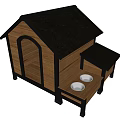 Wooden Dog House With Black Roof And Small Table With Bowls