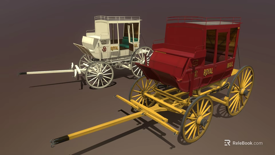 Classic White and Red Horse Carriage With Vintage Wheels and Wooden Body 3d model 
