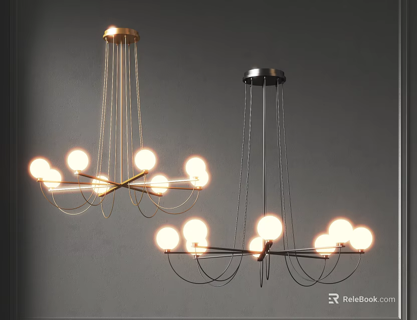 Modern Chandelier Design Featuring Two Gold And Black Metal Frame Hanging Light Bulbs 3d model 