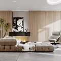 Modern Lounge Interior Design With Beige Sofa Ottoman Wooden Walls And Floor to Ceiling Windows
