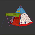 Colorful Teepee Tent With Blue Top Yellow Triangle Symbol White Red Base And Green Awning