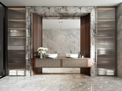 Modern Bathroom Interior With Marble Vanity Double Sinks Large Mirror And Wooden Frame 3d model