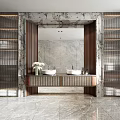 Modern Bathroom Interior With Marble Vanity Double Sinks Large Mirror And Wooden Frame