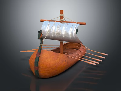 Traditional Wooden Boat With Carved Hull Mast Sail And Rowing Oars 3d model