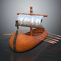 Traditional Wooden Boat With Carved Hull Mast Sail And Rowing Oars