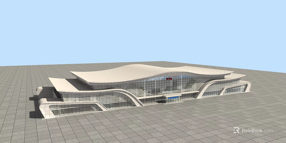 Modern Architectural Building Design With Wavy Roof Glass Curtain Walls And Curved Plaza 3d model 
