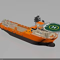 Orange Marine Work Vessel with Green Helipad White H Symbol and Deck Equipment