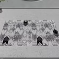 Black and White Square Rug with Geometric Pattern in Modern Living Room with White Walls and Potted Plant