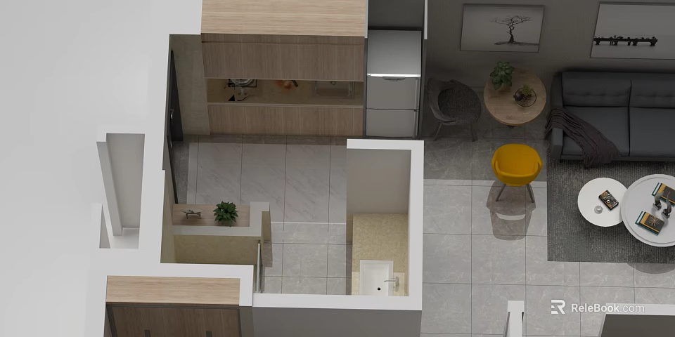 Modern Kitchen Interior Featuring Swing Door With Wooden Cabinet And Tile Floor 3d model 