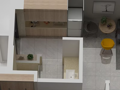 Modern Kitchen Interior Featuring Swing Door With Wooden Cabinet And Tile Floor 3d model